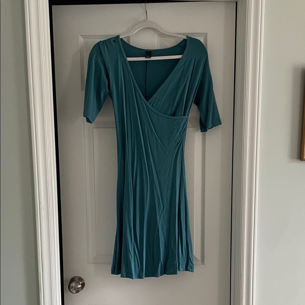Prana Teal Wrap-Style Midi Dress with Elbow Sleeves